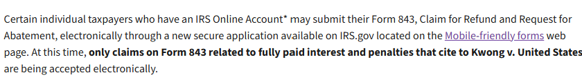 natesosa_CPA's tweet photo. For those doing Kwong Protective Filings:

Looks like the IRS gave a mailing address and a way to e-file (mobile file?) Form 843s now

(tbh not really practical in my opinion unless you're only doing a few or someone is DIYing) https://t.co/R7zZmddotT
