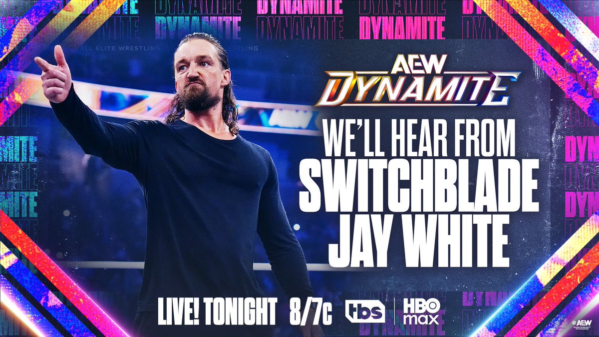 AEW's tweet photo. #AEWDynamite
8/7c TBS &amp; HBO Max
TONIGHT
We’ll hear from Switchblade Jay White!
After his SHOCKING return at #ForbiddenDoor, we’ll hear from @JayWhiteNZ on Dynamite, TONIGHT! https://t.co/FkSwXUWxq6