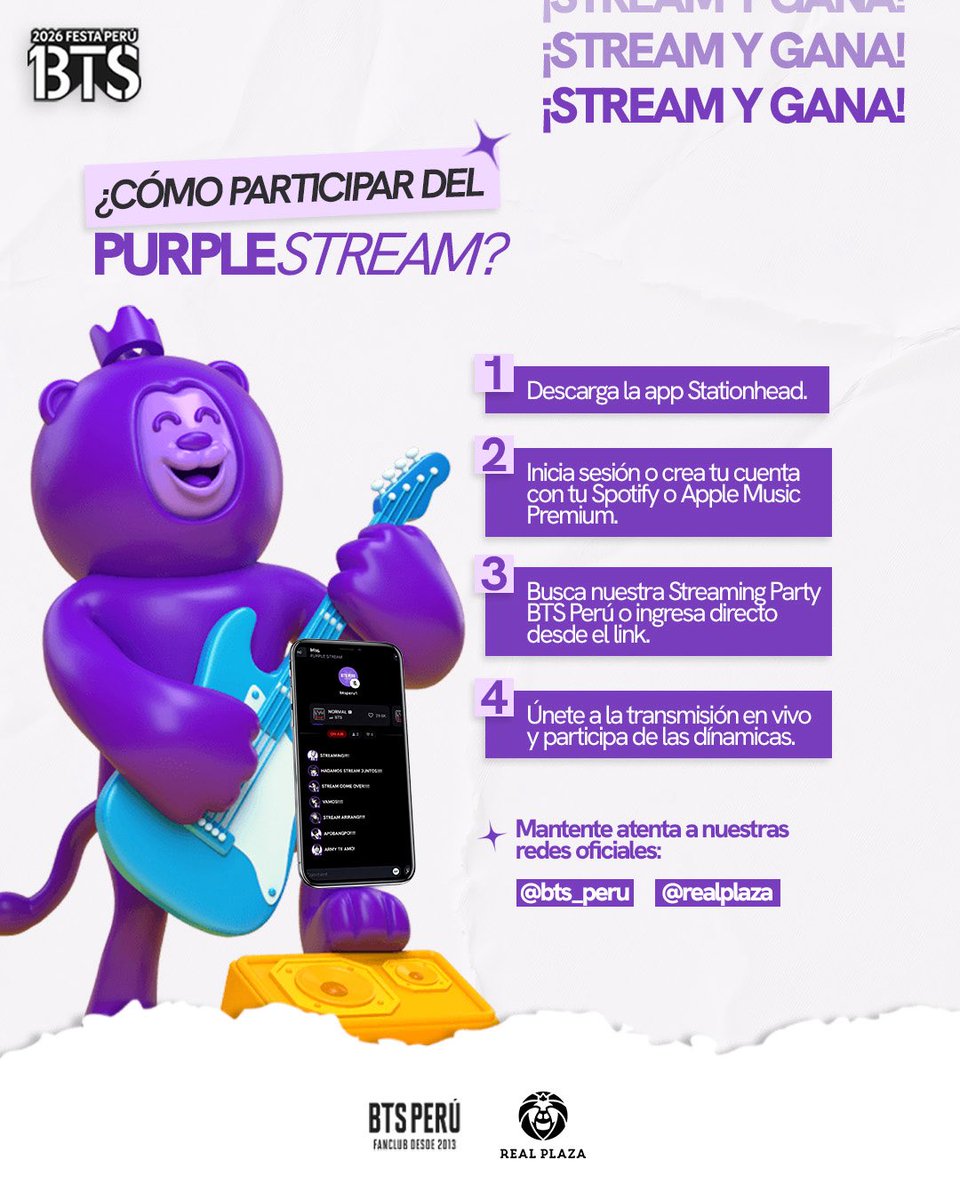 bts_peru1's tweet photo. 💜 ¡El Purple Stream está por comenzar! 💜

ARMY, prepárense para vivir dos noches de música, diversión y muchas sorpresas junto a BTS Perú y Real Plaza. 🎧✨

🎁 ¿Cómo participar en el sorteo?
✔️ Sigue a @bts_peru1 y @Real_Plaza 
✔️ Acompáñanos los dos días de la Streaming Party.
✔️ Participa en las dinámicas que realizaremos durante la transmisión.
✔️ Sigue todas las indicaciones que compartiremos en vivo.

🏆 Premios del sorteo
🥇 1er puesto: 1 ARMY Bomb.
🥈 2do puesto: 1 álbum ARIRANG – Living Legend.
🥉 3er puesto: 1 álbum ARIRANG (Rooted in Korea o Rooted in Music, según disponibilidad).

ℹ️Se elegirá una ganadora por cada puesto (3 ganadoras en total). Cada ganadora recibirá un único premio.

📅 Sábado 04 y Domingo 05 de Julio.
🕖 7:00 p. m. a 9:00 p. m.
📍 https://t.co/CoQkIPV7Pt

📲 Mantente atenta a @bts_peru y @realplaza, donde compartiremos el enlace de acceso, las dinámicas y toda la información del evento online.

#BTS #BTSARMY #BTSenPeru