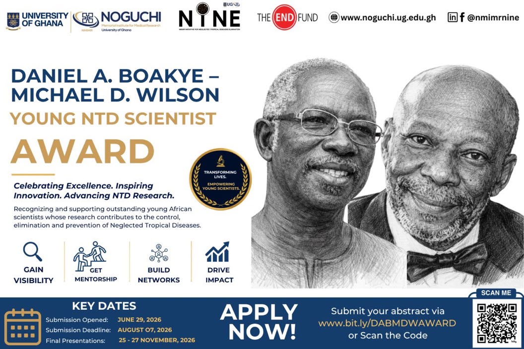 vectorresearchg's tweet photo. The Daniel A. Boakye – Michael D. Wilson Young NTD Scientist Award celebrates outstanding young African scientists advancing research in Neglected Tropical Diseases (NTDs).
A great opportunity for visibility, mentorship, networking, and impact in global health.
Deadline: 07-08-26 https://t.co/rGqUvwwEwg