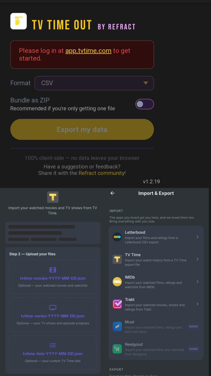 Beyondreporter1's tweet photo. How to export TV Time Data To Refract 

Make sure you are logged into https://t.co/KDL5evmSeh 

Use the extension: https://t.co/h10EpE35l7

Choose your format (CSV)

Click "Export my data" and you are ready to import it into Refract!

👇 https://t.co/ajI3Ee2M05