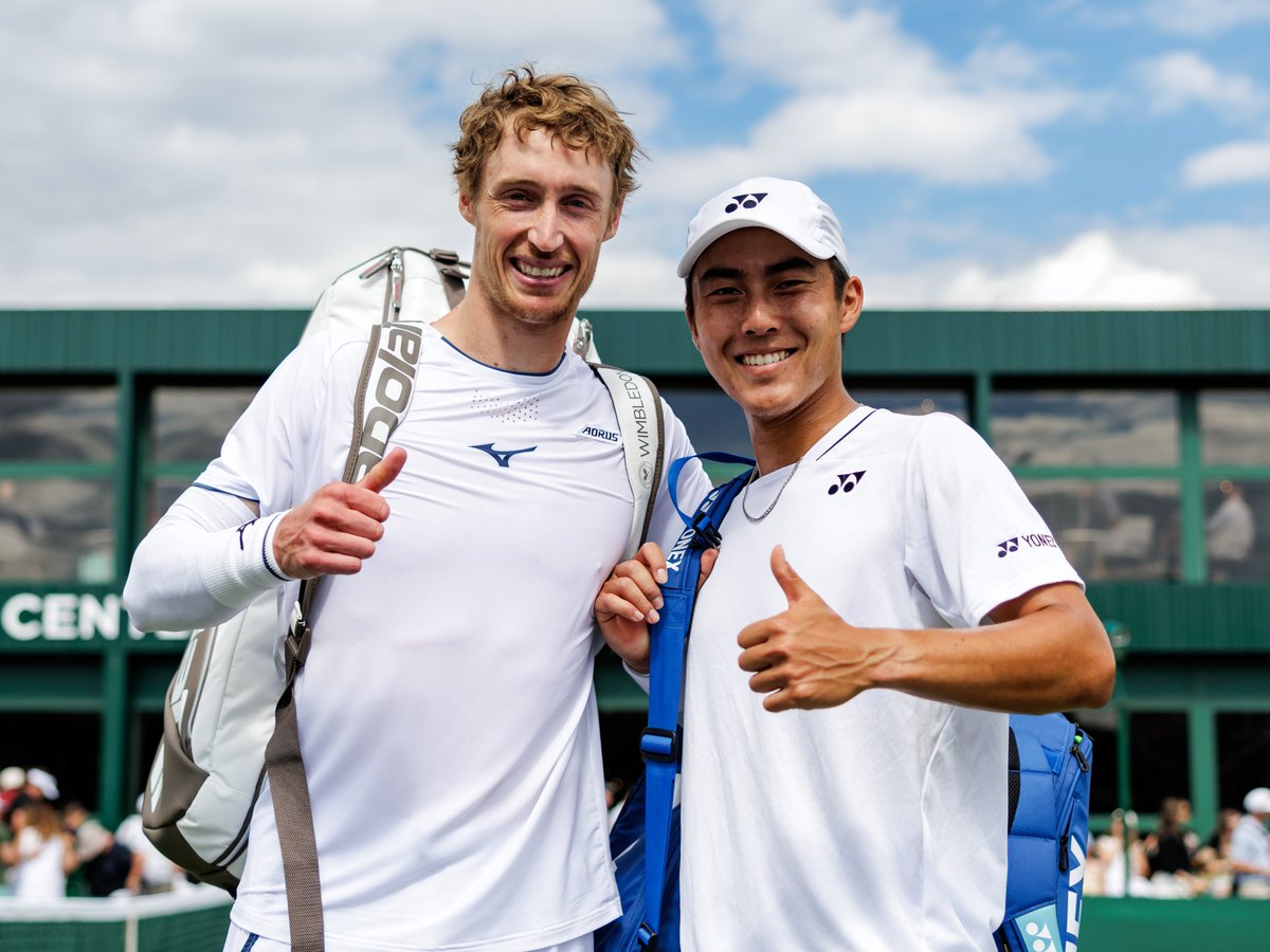 TennisAustralia's tweet photo. Three big wins for Aussie men in doubles 👍

All-Aussie duo Marc Polmans and Rinky Hijikata take down the No.16 seeds Schnaitter/Wallner in three tight tie-break sets in their first round at @Wimbledon 

#GoAussies https://t.co/CjShtMnsjl