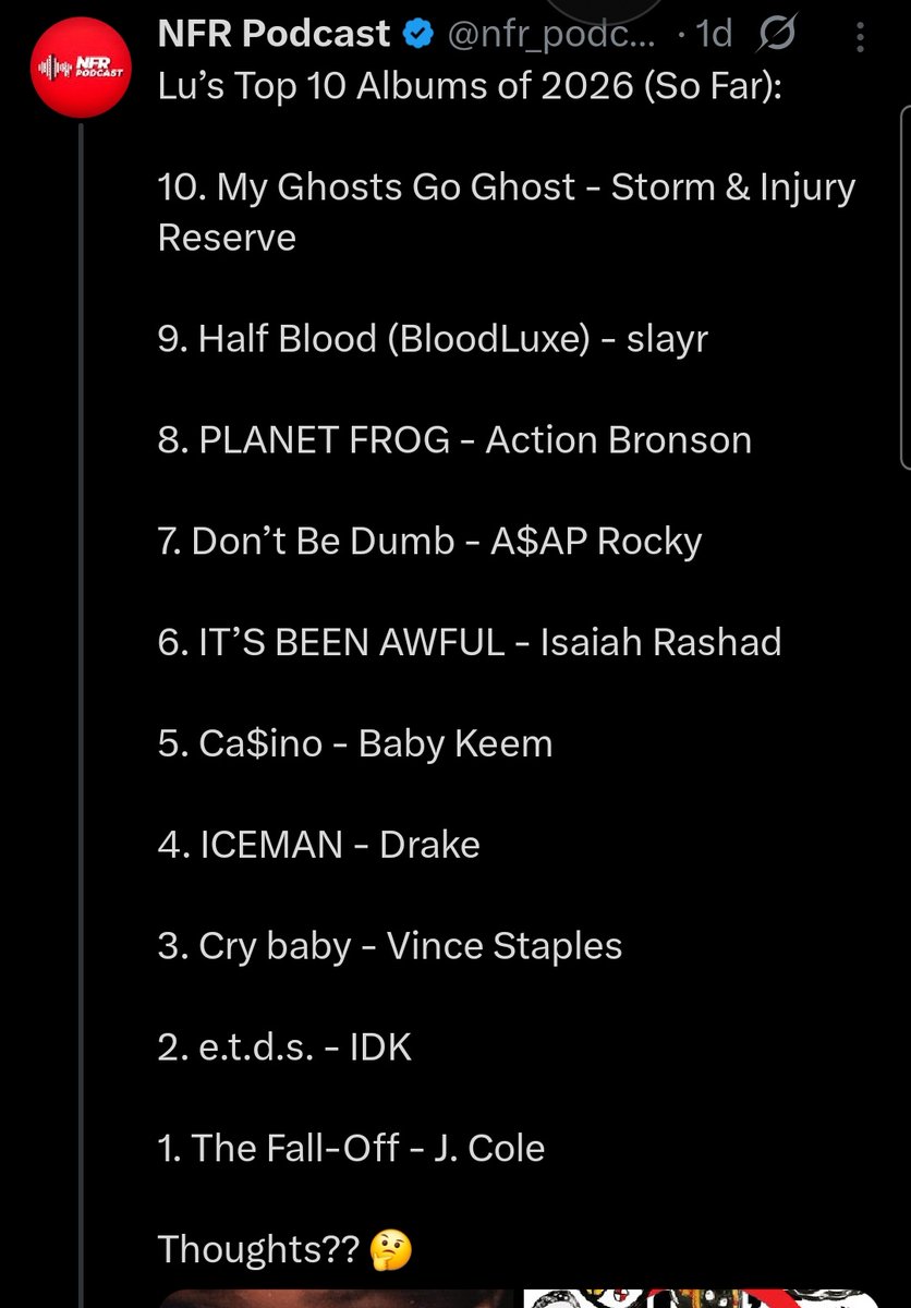 CommanderRaul_'s tweet photo. @nfr_podcast You have IDK &amp; Vince Staples over Iceman but yet no songs from IDK &amp; Vince Staples in your top.10. Make it make sense https://t.co/EgXUkbuGzG
