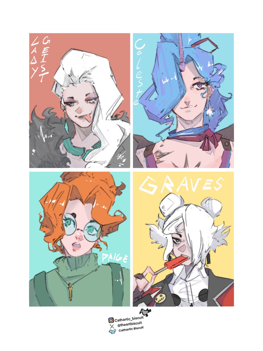 theartbiscuit's tweet photo. Deadlock Gals appreciation artwork. Don’t mind the Lady Geist oathkeeper is hungry that’s all, I didn’t know Celeste’s horn was more of a pinkish colour, then we have gorgeous Paige and Graves having ice cream. #Deadlock https://t.co/Zafmc8ynm4