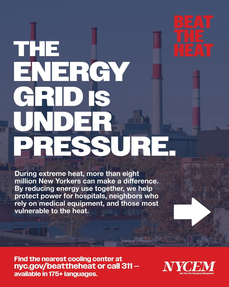 nycemergencymgt's tweet photo. Extreme heat puts extra strain on the energy grid, but small actions by more than eight million New Yorkers can make a big difference. 🌡️⚡
 
By using less energy during peak demand, we can help protect power for hospitals, neighbors who rely on medical equipment, and those most vulnerable to the heat.

Swipe for simple ways to reduce energy use at home, save on your electric bill, and find a cooling center if you need one.
 
Stay cool, look out for your neighbors, and visit https://t.co/04ULpqxfIY or call 311 to find a cooling center near you.