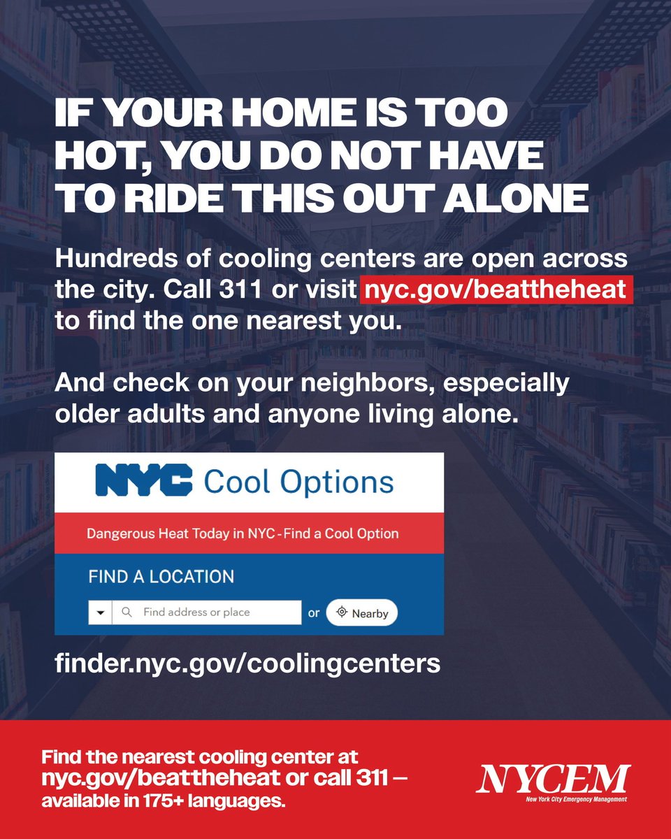 nycemergencymgt's tweet photo. Extreme heat puts extra strain on the energy grid, but small actions by more than eight million New Yorkers can make a big difference. 🌡️⚡
 
By using less energy during peak demand, we can help protect power for hospitals, neighbors who rely on medical equipment, and those most vulnerable to the heat.

Swipe for simple ways to reduce energy use at home, save on your electric bill, and find a cooling center if you need one.
 
Stay cool, look out for your neighbors, and visit https://t.co/04ULpqxfIY or call 311 to find a cooling center near you.