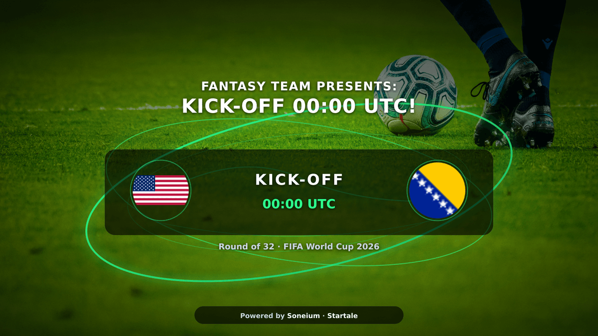 fantasyteamio's tweet photo. ⏰ 1 HOUR TO KICK-OFF!

USA 🇧🇦 Bosnia-Herzegovina — Round of 32, FIFA World Cup 2026. Knockout football. No second chances.

Lock your captain in on FantasyTeam NOW. ⚽🔥

Who's your pick to deliver today? 👀

#WorldCup2026 #FantasyTeam #Football #Soneium #Startale #USA https://t.co/FUi5pV2yVv