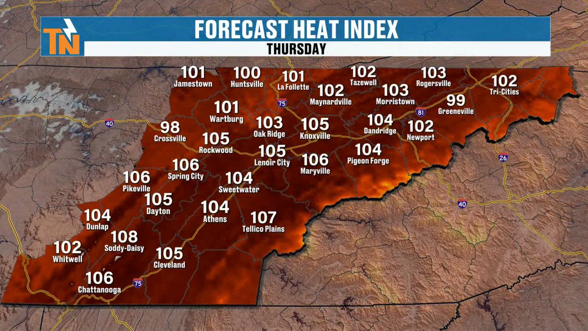MikeWitcherTV's tweet photo. Thursday is likely going to be the hottest day of this heat wave!
Oh... and storms could become strong to severe if they fire off as the Storm Prediction Center has put un in a level 1 & 2 risk for isolated severe storms. 
There is a lot of energy in the atomosphere.

 @PipeWrenchPHC
@pipewrenchplumbinghvac has been in business since 2001, They have proudly delivered top-notch plumbing and HVAC services to the greater Knoxville community. Whether you need repairs, replacements, or maintenance, we offer same-day service to quickly address all of your plumbing, heating or cooling needs. You can trust the experts at Pipe Wrench for reliable, long-term solutions to any problem that arises. And remember, Same Day Service Guaranteed, or your visit is FREE!