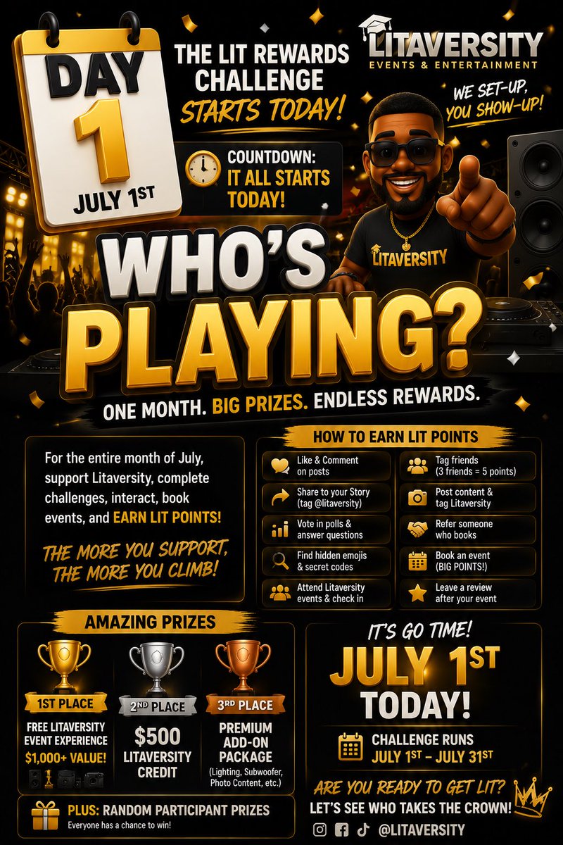 LitAVersity's tweet photo. 🚨 DAY 1 CHALLENGE 🚨
✅ Follow @Litaversity
❤️ Like this post
📲 Repost &amp; tag us
👥 Tag 3 friends
⚡ First 25 people to finish get +10 Bonus Points!
Reply with DONE when you’ve completed everything. 🏆
#LitRewards #Litaversity #WeSetUpYouShowUp #NOLA #Giveaway https://t.co/FRLTV2msyl