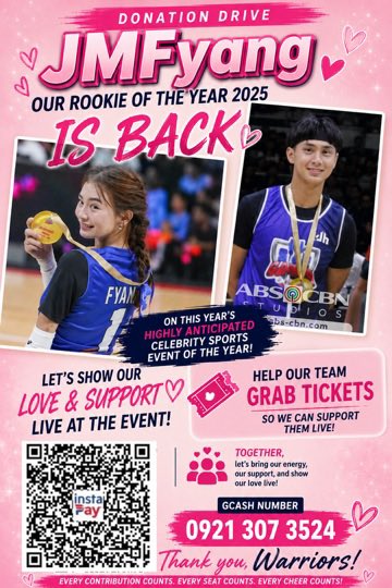 fyangwarriors's tweet photo. 🩷 Our 2025 Rookies of the Year are back! 🏀✨

Please help our team cheer JMFyang live at this year’s biggest celebrity sports event! Every donation, big or small, brings us one step closer to cheering JMFyang LIVE at the venue 📍💖 https://t.co/XkpT3kELU1