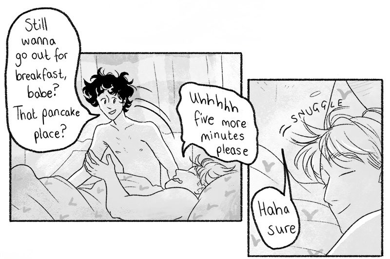 heartstbrasil's tweet photo. OS DETALHES! O volume 6 de Heartstopper termina com um pequeno presente. Na última página, um conteúdo extra mostra Nick e Charlie logo após fecharem a porta no fim do epílogo, com duas fotos deles tomando café da manhã. 🥞💜 https://t.co/web68w5dDx