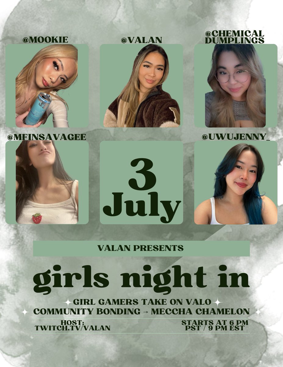 Valannnnn's tweet photo. ✨GIRLS NIGHT IN ✨

୧( ˃◡˂ )୨ friday's lineup:
┊˚✧ girls absolutely kicking ass in valo
┊˚✧ community meccah 
┊˚✧ good vibes only ♡

come hang out, laugh a little (or a lot), and let's make some memories together ✧