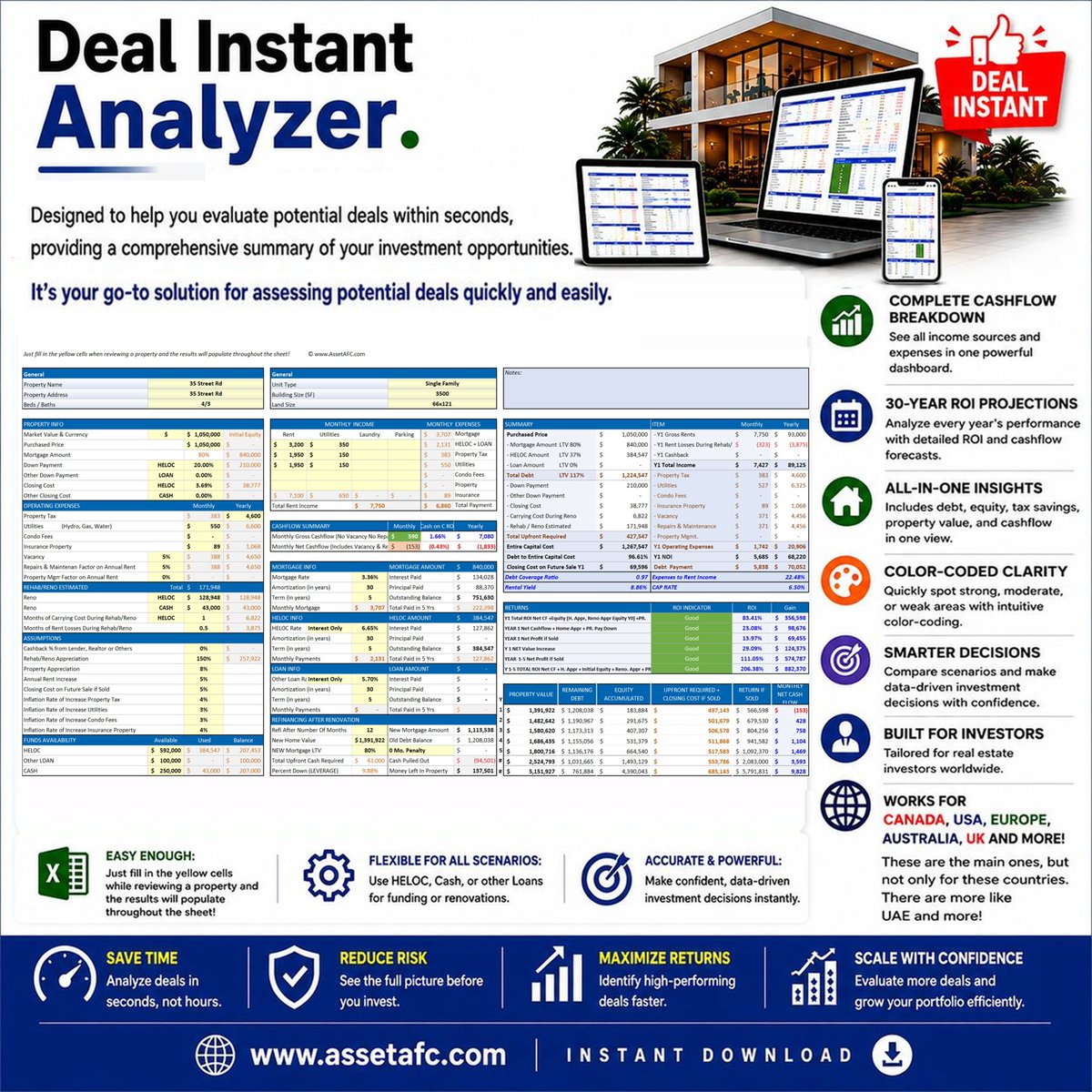 Asset_AFC's tweet photo. Designed to help you make informed investment decisions. It works in all countries and currencies, including USA, Canada, Australia, UK, Europe, Japan, China, India, UAE, Philippines and more. This powerful tool offers everything you need to evaluate potential #realestate #deals https://t.co/b3GYgXqr8x