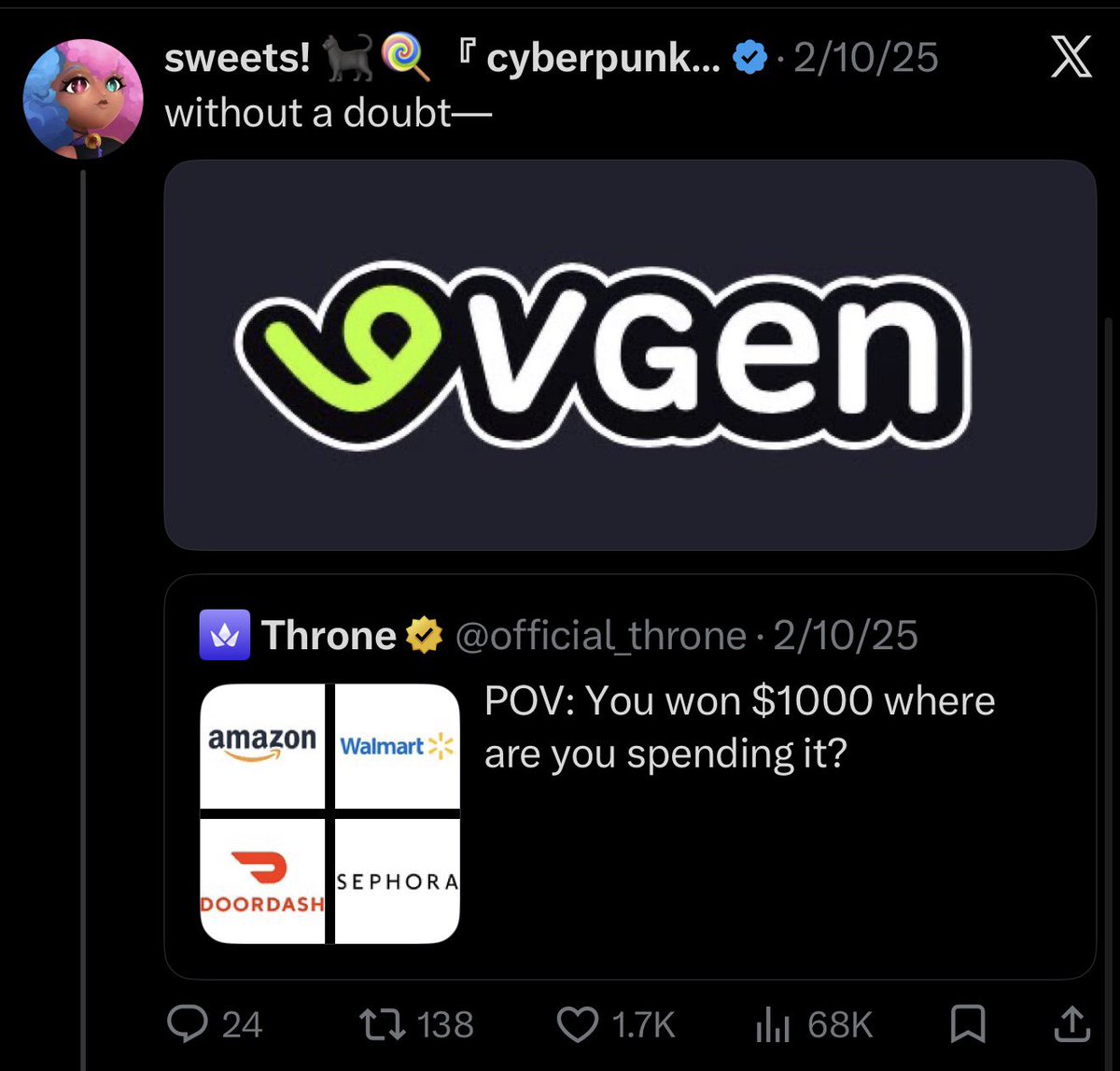 VTuberSweets's tweet photo. I was the reason why VGen did a $1,000 giveaway back in 2025.

🫡 https://t.co/krvsE6NEoj