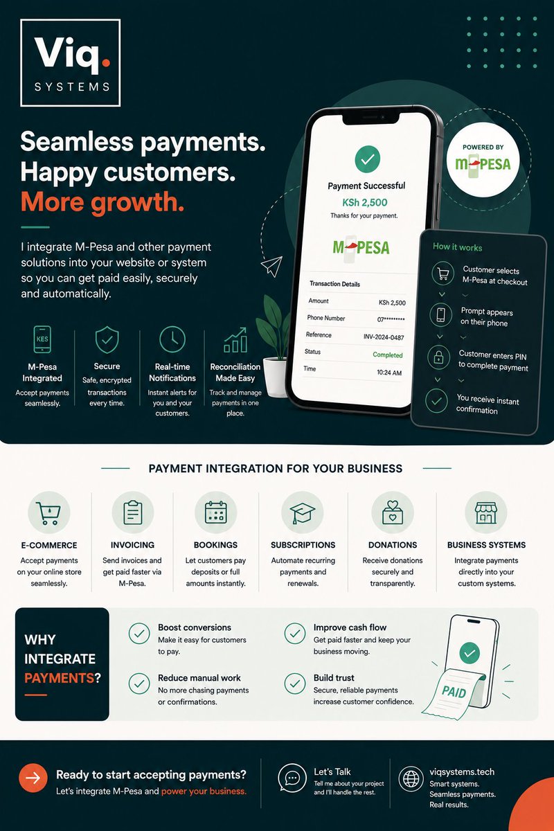 VictorLMurimi's tweet photo. Seamless payments. Happy customers. More growth. I integrate M-Pesa into your website or system so you get paid easily, securely, automatically. #BuildInPublic https://t.co/CC8H89UpIL