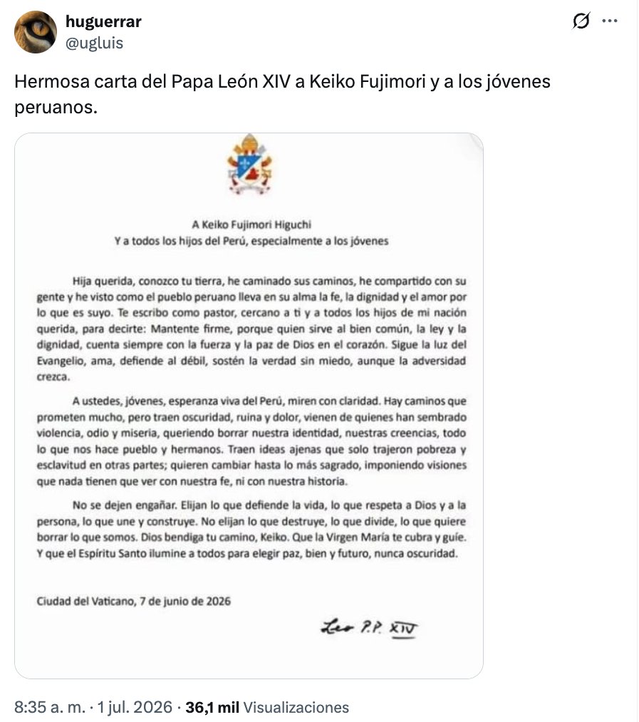 eloymarchan's tweet photo. Nuevo fake news difundido por Hugo Guerra: una carta falsa de felicitación y bendición del Papa León a Keiko Fujimori.
OJO: Guerra fue subdirector de El Comercio, tuvo un programa en Panamericana TV, es columnista de Expreso y dirige "Cátedra Perú" de la Universidad San Martín. https://t.co/opsKSYswYt