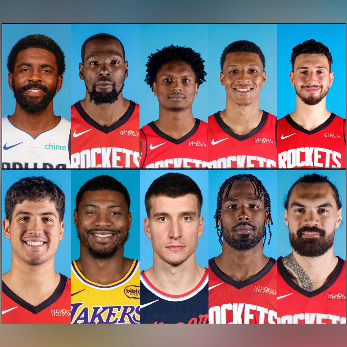 BradeauxNBA's tweet photo. I really like either of these if you’re Houston.

Kyrie/Jrue || Reed
KD | Smart
Amen | Bogdanović
Jabari | Eason
Şengün | Adams https://t.co/aEHKXps2l9