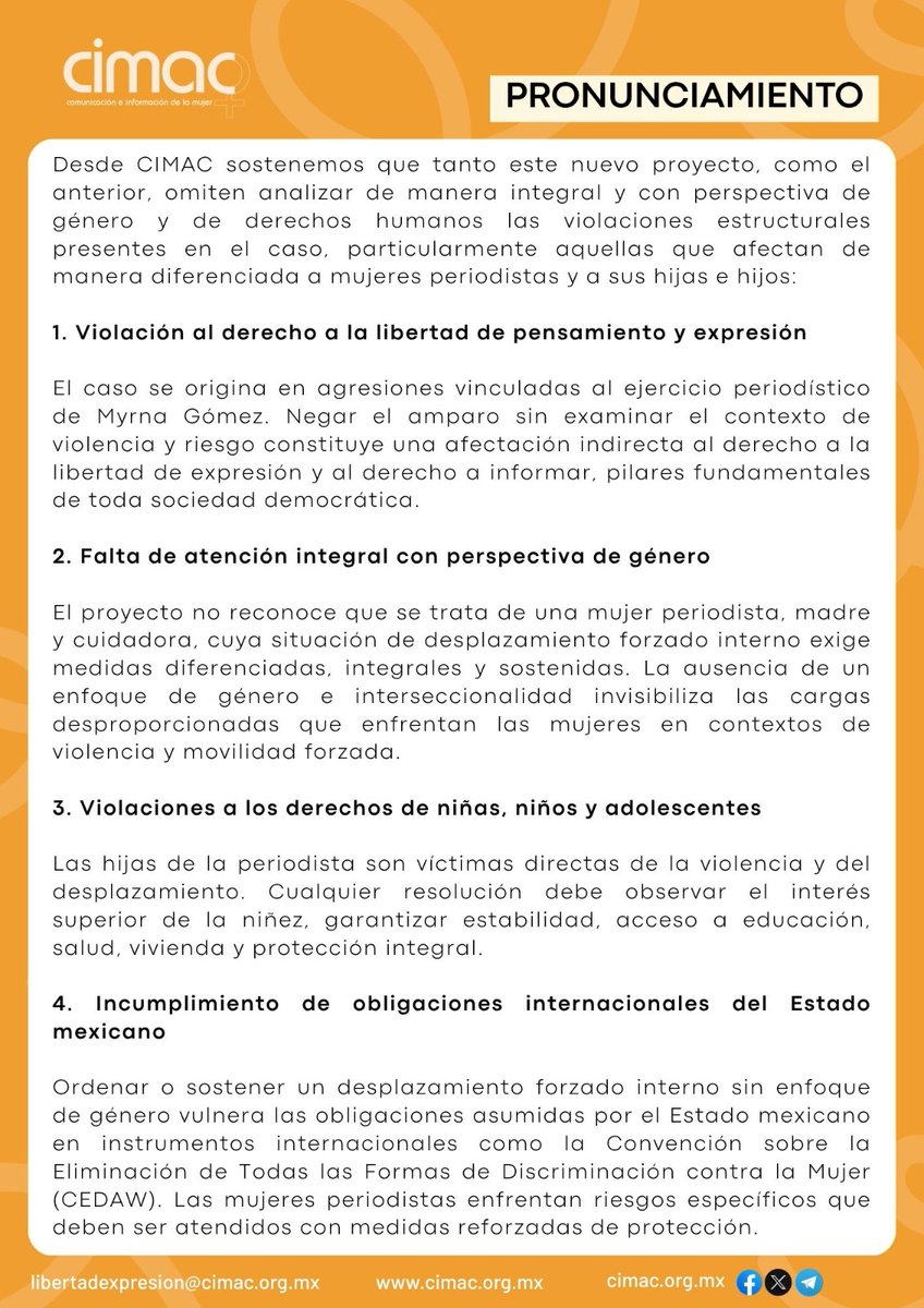 prensacimac's tweet photo. 🟠 Pronunciamiento 

Expresamos nuestra profunda preocupación ante la resolución que el 2 de julio de 2026, se discutirá en una sesión pública ordinaria el pleno de la Suprema Corta de Justicia de la Nación respecto del amparo en revisión 394/2025, derivado del amparo directo interpuesto por la periodista en situación de desplazamiento forzado interno Myrna Gómez

Exhortamos respetuosamente a la Suprema Corte a ejercer plenamente su función como tribunal constitucional y resolver este asunto con perspectiva de género, enfoque de derechos humanos e interpretación conforme al principio pro persona.

#MujeresPeriodistas #SCJN #LibertadDeExpresion @HugoAguilarOrti