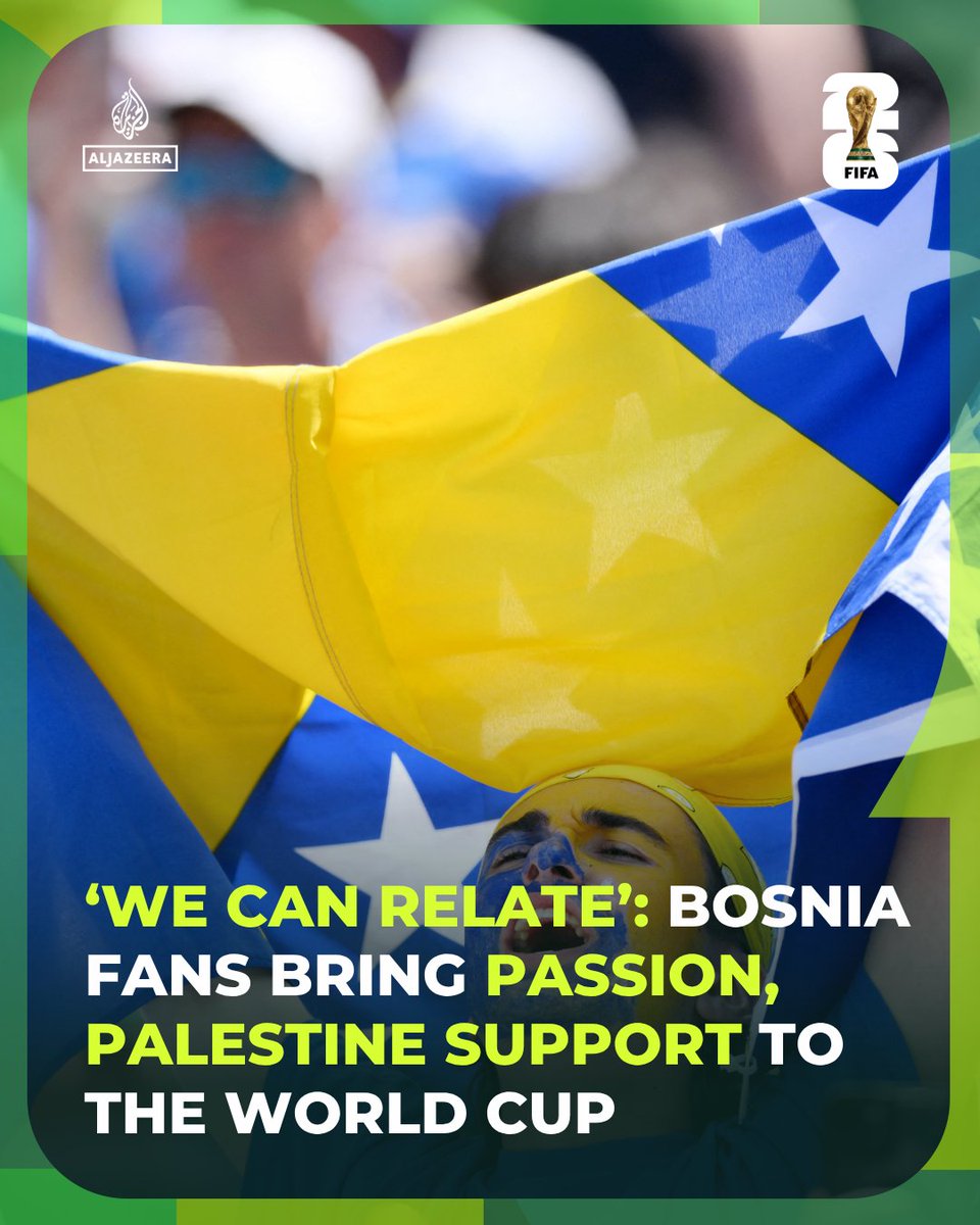 AJE_Sport's tweet photo. Hours from Bosnia and Herzegovina vs the United States in the round of 32. As they chase a first-ever last 16, Bosnian fans have made the tournament a show of identity and solidarity with Palestine, chanting "Palestina" and flying flags.

⚽ Full Article: https://t.co/UuWpldmt6M https://t.co/tE1CQBxRqM