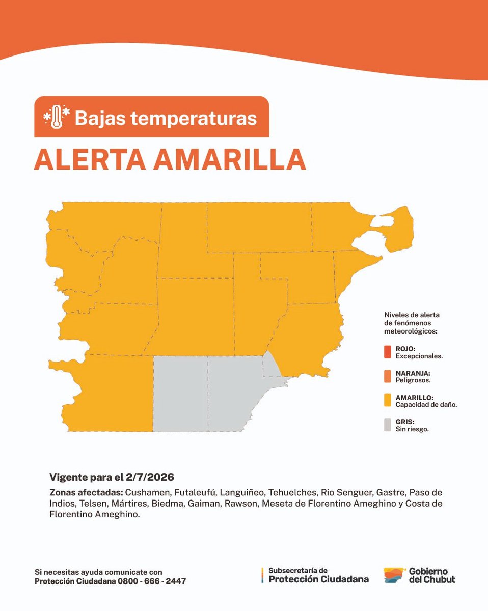 DcChubut's tweet photo. ❗️Alerta amarilla por bajas temperaturas extremas, prevista para el jueves 2 de julio. 

📍Las zonas serán afectadas por temperaturas bajas, las cuales pueden tener un efecto leve a moderado en la salud. 

🔎 Fuente: Servicio Meteorológico Nacional. https://t.co/2iAU54Zkx6