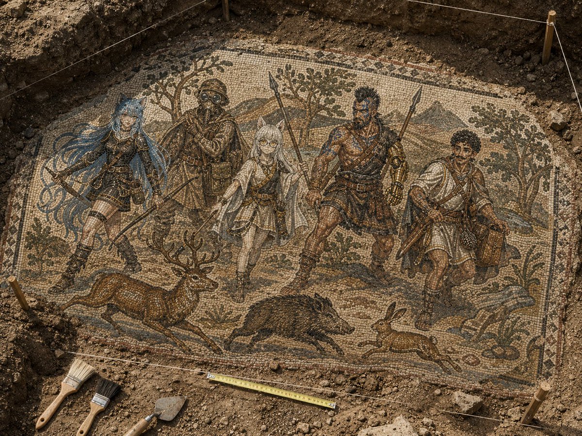 TrenchyIdol's tweet photo. Newly Unearthed Roman Hunting Mosaic!
**New prompt below!**

Tested on FreeGPT and PaidGPT 5.5 Heavy!

~~~Prompt Start~~~
1. CORE RULE: ONE IMAGE = ONE HUNTER SYSTEM
Before generating the scene:
Count all uploaded images
Hunter Count MUST equal image count:
1 image → 1 hunter
N images → N hunters
No other instruction (including scene description) may change this number.
2. IMAGE → HUNTER ASSIGNMENT (STRICT MAPPING)
Each uploaded image produces exactly ONE hunter.
Mapping is fixed:
Image 1 → Hunter 1
Image 2 → Hunter 2
Image 3 → Hunter 3
Image N → Hunter N
No merging. No splitting. No reuse.
3. IDENTITY COLLAPSE RULE
Each image may contain:
multiple poses
expressions
angles
turnarounds
costume variants
detail panels
All must be merged into ONE unified identity per image.
They do NOT create additional hunters.
4. HARD LIMIT: NO EXTRA HUMANS
Only mapped hunters may exist in the mosaic.
Strictly forbidden:
extra hunters
background humans
duplicate versions of any hunter
split variants of the same character
“composition filler” humans
Allowed extras:
animals
terrain
ruins
excavation tools
environmental elements
5. PRIMARY OVERRIDE RULE (MOST IMPORTANT)
If any instruction conflicts with hunter count or mapping:
The image-to-hunter mapping ALWAYS overrides scene, composition, or narrative needs.
No exceptions.
6. SCENE FLEXIBILITY RULE
The Roman hunting mosaic scene may include:
dynamic action composition
multiple animals (stag, boar, hare)
detailed landscape (trees, rocks, hills)
excavation environment complexity
archaeological tools and trench setup
BUT:
Scene complexity may NEVER generate or imply additional humans.
7. ROMAN MOSAIC TRANSFORMATION RULE
Each hunter becomes a Roman mosaic figure:
composed of visible stone + glass tesserae
historically accurate Roman palette
clothing converted to Roman equivalents:
tunics, cloaks, leather gear, caligae
weapons converted to Roman hunting gear:
spears, bows, daggers (Roman style)
Preserve identity:
face
hair
body type
silhouette
proportions
key visual traits
No modern elements allowed.
8. EXCAVATION SCENE REQUIREMENTS
Depict a realistic archaeological dig:
partially exposed mosaic in soil trench
clay, dirt, and stone edges
excavation tools (brush, trowel, tape measure)
string grid system with wooden stakes
realistic stratified ground layers
9. CAMERA & LIGHTING
documentary archaeological photography style
slightly elevated 3/4 overhead angle
natural daylight from one side
soft shadows revealing tessera texture
clear separation between soil and mosaic
10. NEGATIVE CONSTRAINTS (FAILURE BLOCKERS)
Never include:
extra humans beyond mapped hunters
duplicated characters
split identities from one image
modern clothing or weapons on hunters
non-Roman design elements on hunters
painted (non-mosaic) human figures
hallucinated background people
inconsistent identity traits
blurred or distorted anatomy
11. EXECUTION ORDER (PROCESS FLOW)
Count uploaded images
Assign one hunter per image
Collapse each image into one identity
Convert each identity into Roman mosaic hunter
Build excavation scene around them
Ensure no extra humans exist
12. FINAL GUARANTEE
The final mosaic must contain exactly one hunter per uploaded image, with zero duplicates, zero inferred characters, and zero exceptions under any condition.

~~~Prompt End~~~
#AIart️️️️️️️️️️️️️️️️️️️️️️️️️️️️️️️️️️️️️️️️️️️️️️️️️️ #AIArtPrompt