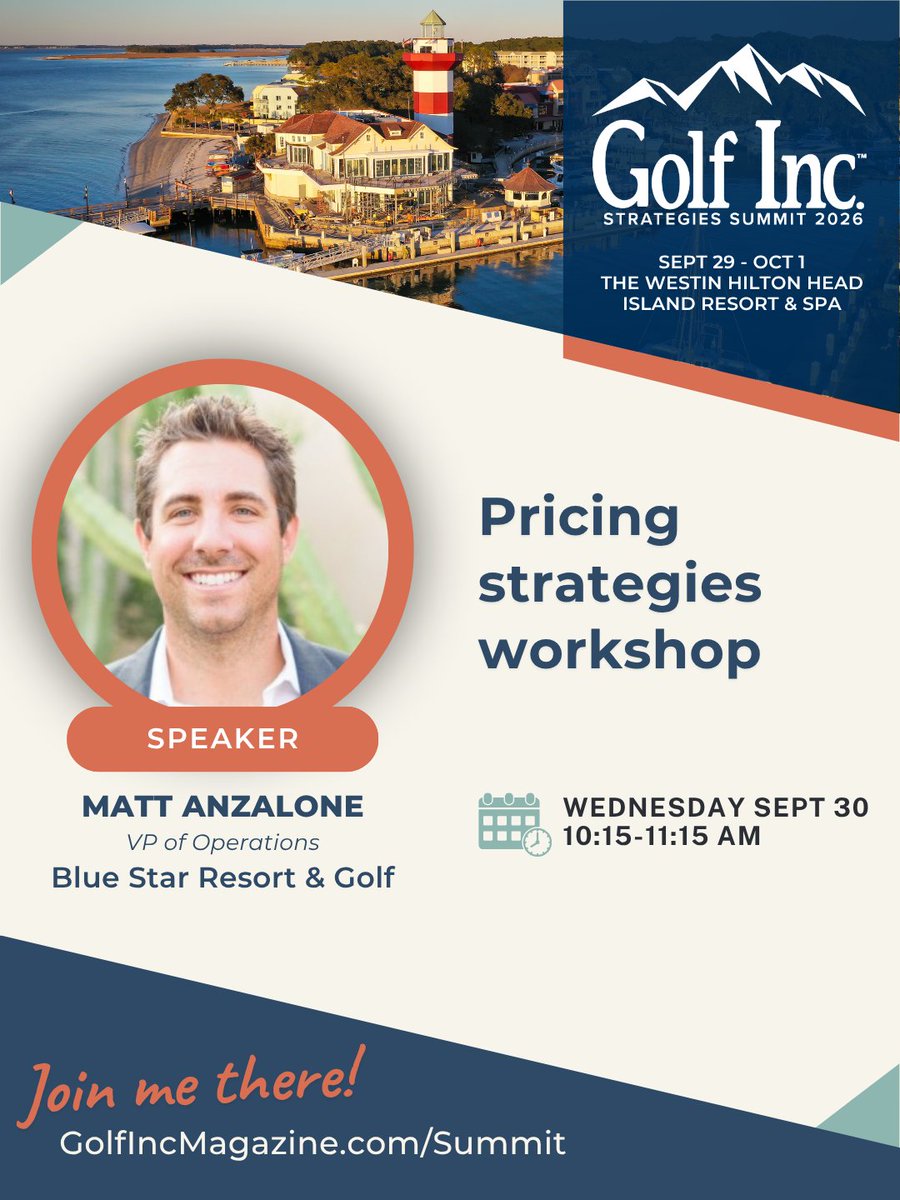 GolfInc's tweet photo. Join Matt Anzalone, VP of Operations at Blue Star Resort & Golf, at the 2026 Golf Inc. Strategies Summit.
 
Hear how golf course owners, operators and industry leaders are tackling today's biggest challenges, what's working at their courses and where they see the industry heading. Connect with peers, exchange ideas and build relationships with others who understand the business of golf.
 
Register here: https://t.co/q5HzbA9fuQ