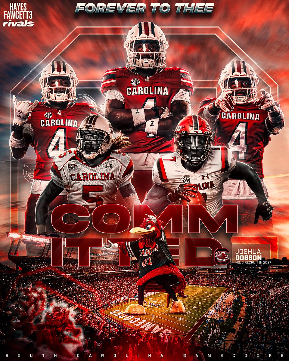 Hayesfawcett3's tweet photo. BREAKING: Five-Star CB Joshua Dobson has Committed to South Carolina, he tells me for @Rivals

The 6’1 185 CB chose the Gamecocks over Texas A&amp;M and Michigan 

He’s ranked as the No. 6 Recruit in the 2027 Rivals300

“All glory to God Gamecocks let’s go”

https://t.co/mkYg8P5GBt https://t.co/HcytyzJXZJ