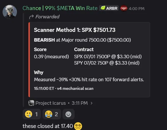TheIcarusEdge's tweet photo. A new Icarus update went live today, and now contracts are tracked automatically.

The update also accidentally filtered out an $SPX 7500P alert that closed at $17.40 from $3.30 (+427%). Still working out the kinks. https://t.co/IcRkARmVCH