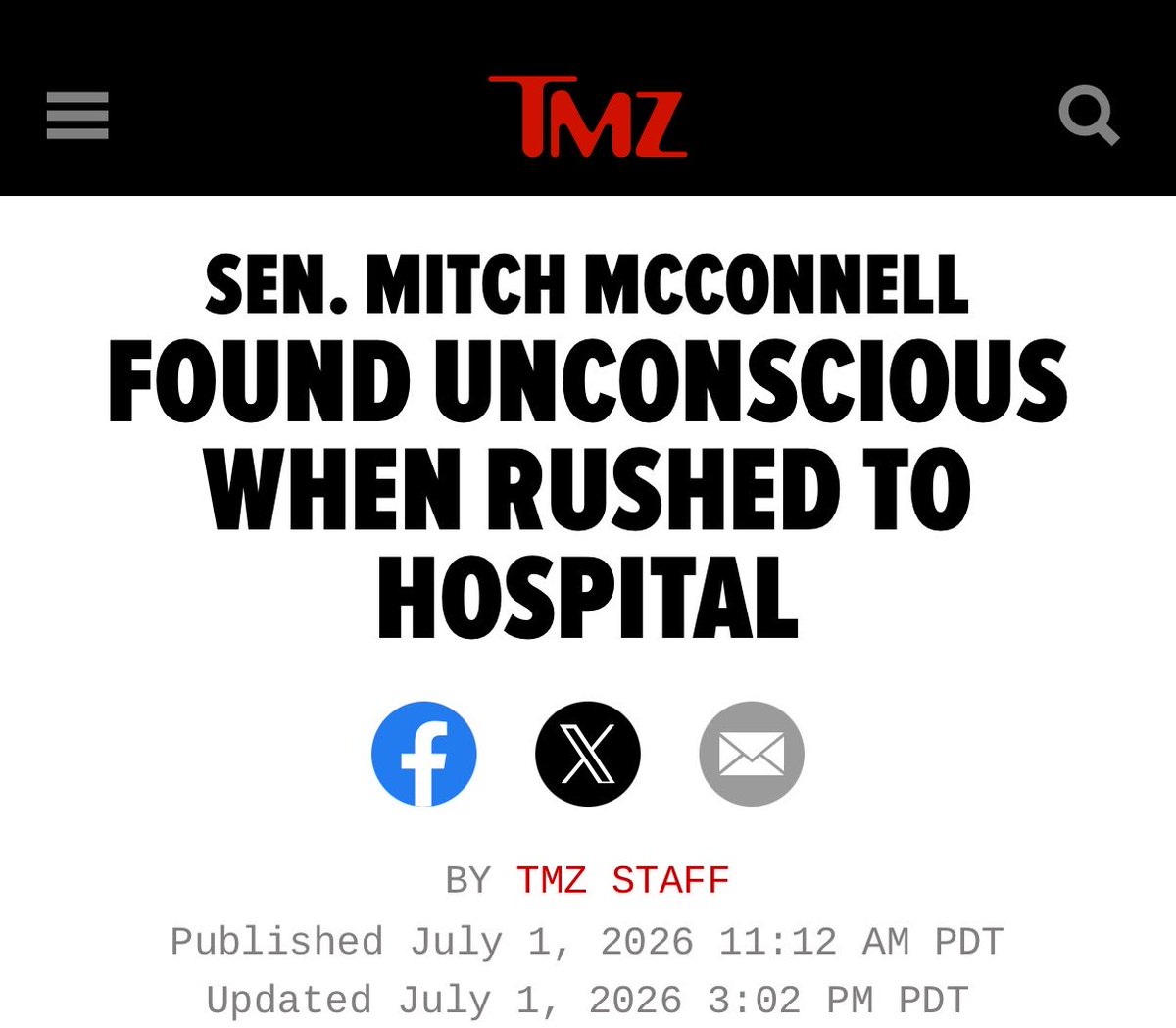 KylieJaneKremer's tweet photo. How much longer is this going to continue, @McConnellPress?

A sitting U.S. Senator was reportedly found unconscious and has now been hospitalized for over two weeks, yet the public has received virtually no meaningful update.

Then there’s Rep. Kean, who disappeared from Congress for four months before returning and revealing he had been hospitalized for depression. He was able to remain out of office, continue collecting a taxpayer-funded salary, and retain full health benefits without publicly disclosing that he was unable to perform his duties. Most Americans couldn’t simply stop showing up to work for months without informing their employer and expect to keep their job and paycheck.

Congress should pass legislation requiring federal elected officials to disclose when a serious medical condition prevents them from carrying out the responsibilities of their office and to provide periodic status updates to their constituents. No one is asking for private medical records or information protected by HIPAA, but the public deserves to know when the officials they elected are unable to serve.

Who is willing to introduce a transparency bill for the American people?