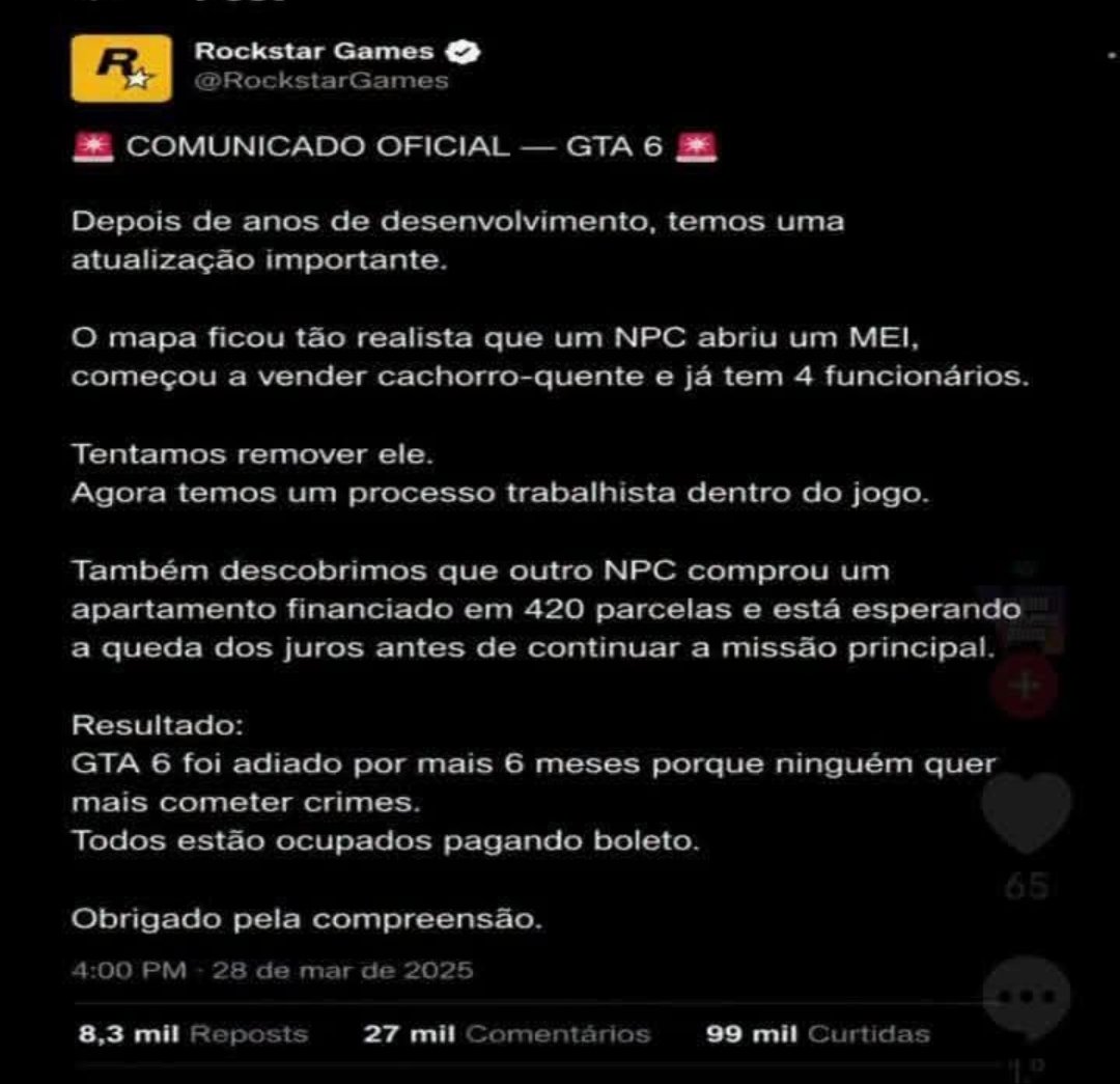 Quantovaicustar's tweet photo. GTA 6 adiado mais uma vez, Galera...😠 https://t.co/z9IRHBDANe