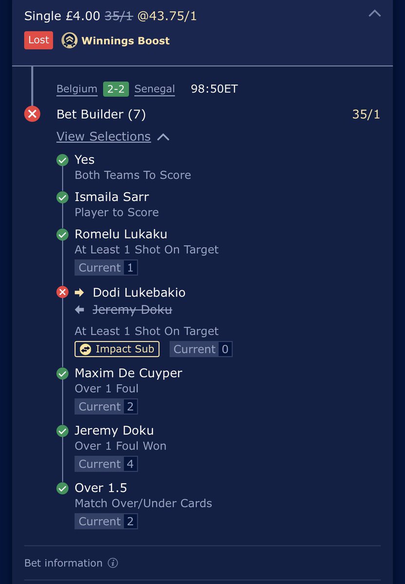 Greig45242857's tweet photo. @EmilyTaylorTips Made the mistake of putting Lukaku on from the start which worked out for higher odds in the end.
But the story of my week another bet with one leg killing it🙄 https://t.co/8A925h7fQy