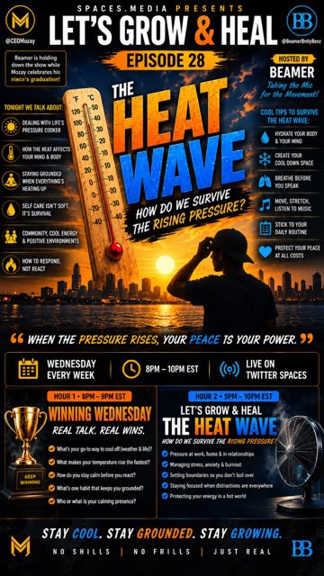CeoMozay's tweet photo. 🎙️ LET’S GROW &amp; HEAL — EPISODE 28

🌡️ THE HEAT WAVE

How Do We Survive the Rising Pressure?

Hosted by @CEOMozay &amp; @BeamerBntlyBenz

Wednesday | 8 PM – 10 PM EST https://t.co/0JDtllgPR4