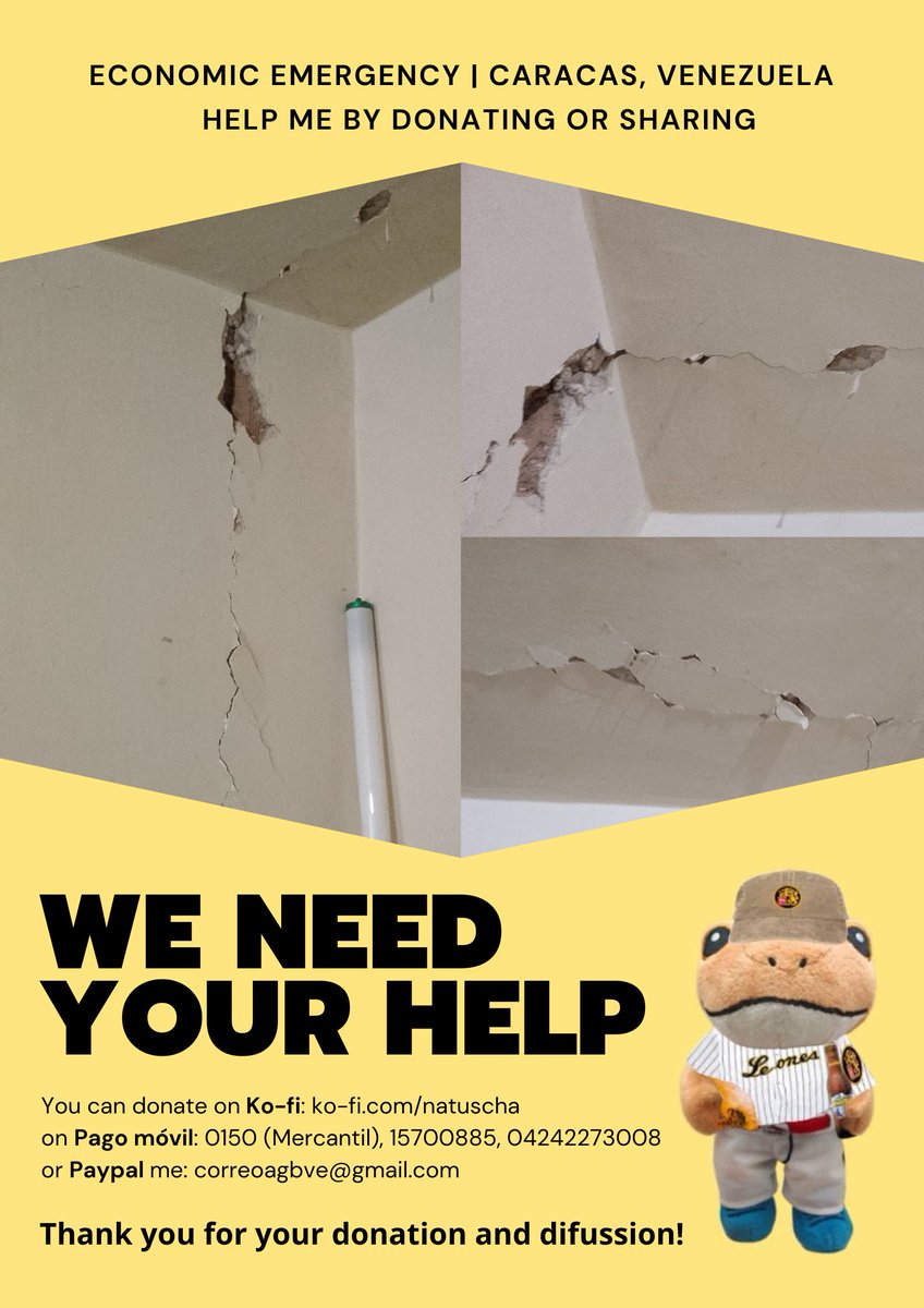 emmaweedhouse's tweet photo. Hola, sé que pedí ayuda en su momento, pero vuelvo a pedir ayuda debido a que mi apartamento quedó parcialmente agrietado después del terremoto en Venezuela

Ko-fi: https://t.co/DLoVRu2AaK

Pago móvil:
0105 (Mercantil)
15700885
04242273008

Paypal: correoagbve@gmail.com https://t.co/gahkYau7oi