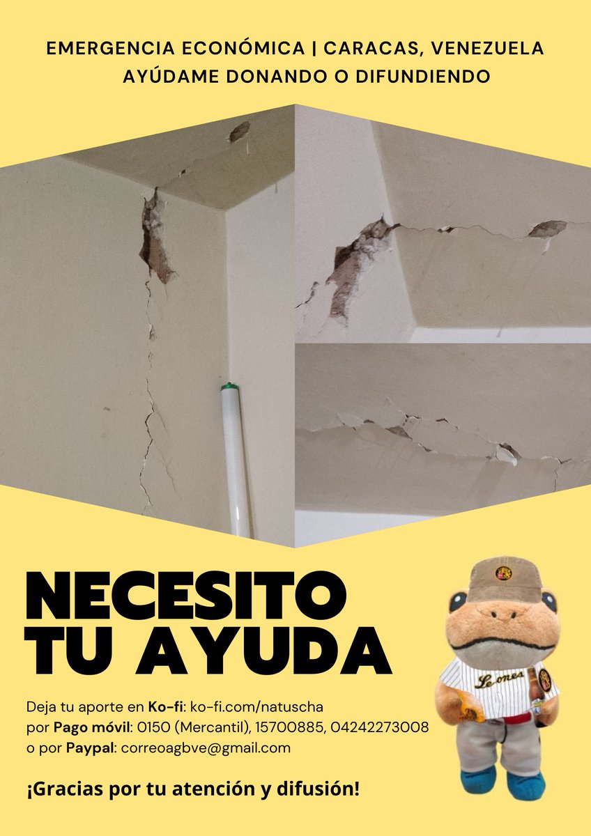 emmaweedhouse's tweet photo. Hola, sé que pedí ayuda en su momento, pero vuelvo a pedir ayuda debido a que mi apartamento quedó parcialmente agrietado después del terremoto en Venezuela

Ko-fi: https://t.co/DLoVRu2AaK

Pago móvil:
0105 (Mercantil)
15700885
04242273008

Paypal: correoagbve@gmail.com https://t.co/gahkYau7oi