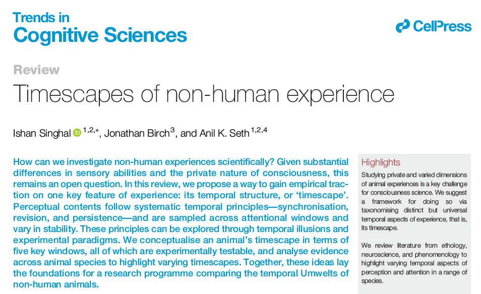TrendsCognSci's tweet photo. Timescapes of non-human experience

Review by Ishan Singhal (@ishan276), Jonathan Birch (@birchlse), &amp; Anil K. Seth (@anilkseth)

Free access before August 6: https://t.co/OJwD1HnxZk https://t.co/nOKBskVzr1
