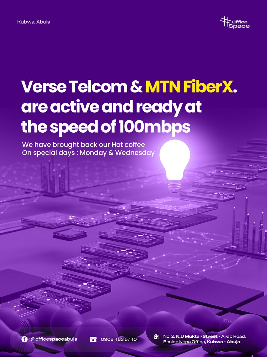 officespaceabuj's tweet photo. Hello! OfficeSpace Abuja is fully back and better 😊
Our road is now accessible. We now offer 100Mbps internet options: MTN FiberX &amp; VDT (Verse Telecom) — choose what works best for you.

Plus, enjoy FREE coffee every Monday &amp; Wednesday ☕
We look forward to welcoming you back! https://t.co/fj2ZsYZj0W