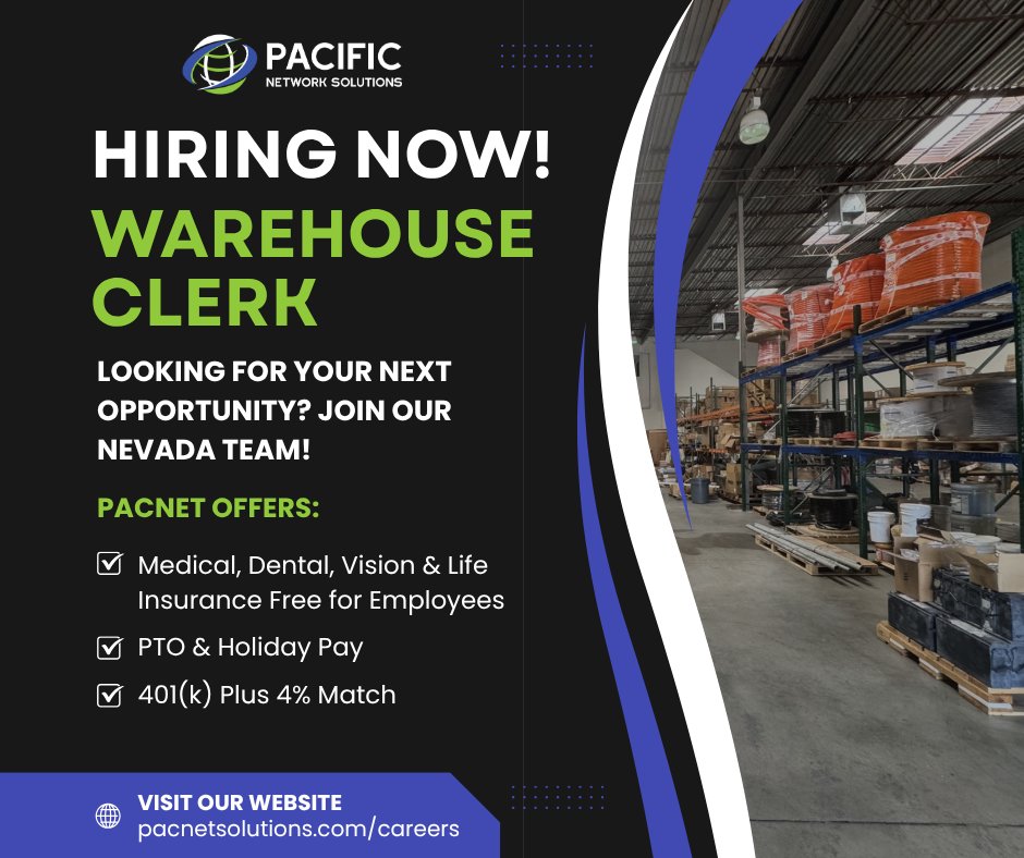PacNetSolutions's tweet photo. Interested in joining our Nevada team? Visit https://t.co/M9HAFXUtB0 or the LinkTree in our bio to apply!

#hiring #hiringnow #pacnet #pacificnetworksolutions #warehouse #warehouseclerk #telecom #telecommunications #construction https://t.co/CcYECESyDB