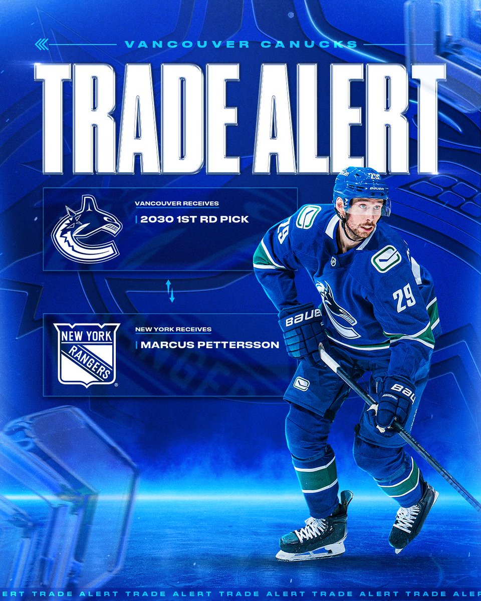 Canucks's tweet photo. General Manager Ryan Johnson announced today that the #Canucks have acquired a conditional first-round pick in the 2030 NHL Entry Draft in exchange for defenceman Marcus Pettersson.

DETAILS | https://t.co/Qajvxe9Sab https://t.co/HlIOjky1kK