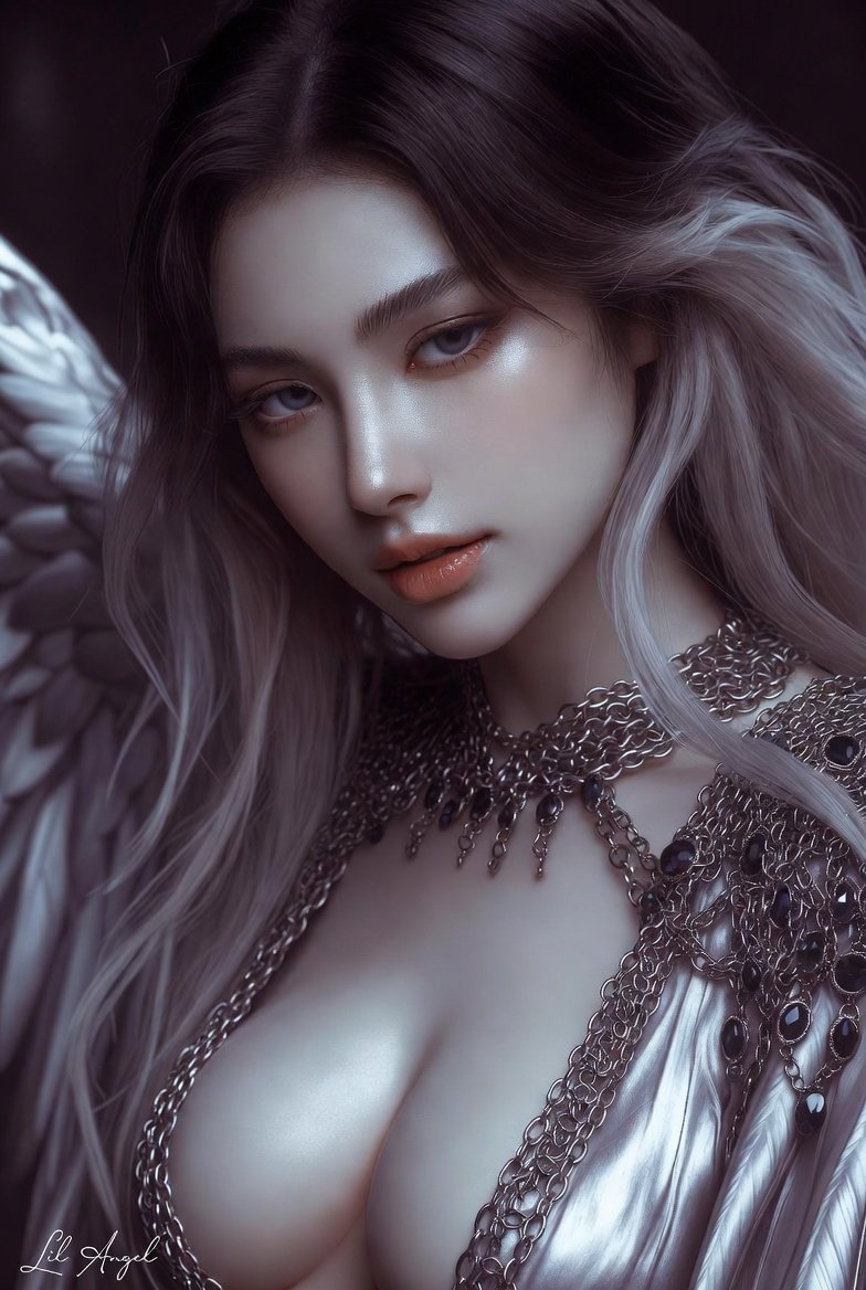 CLAngelillo's tweet photo. 🌙 She was made from moonlight and forbidden prayers.
Silver chains that sing when she moves, eyes that remember every sin you haven’t confessed yet.
Too heavenly to touch… too tempting to resist.
What would you trade for one night in her wings? 🪽
#SilverAngel #EtherealBeauty #FantasyPortrait