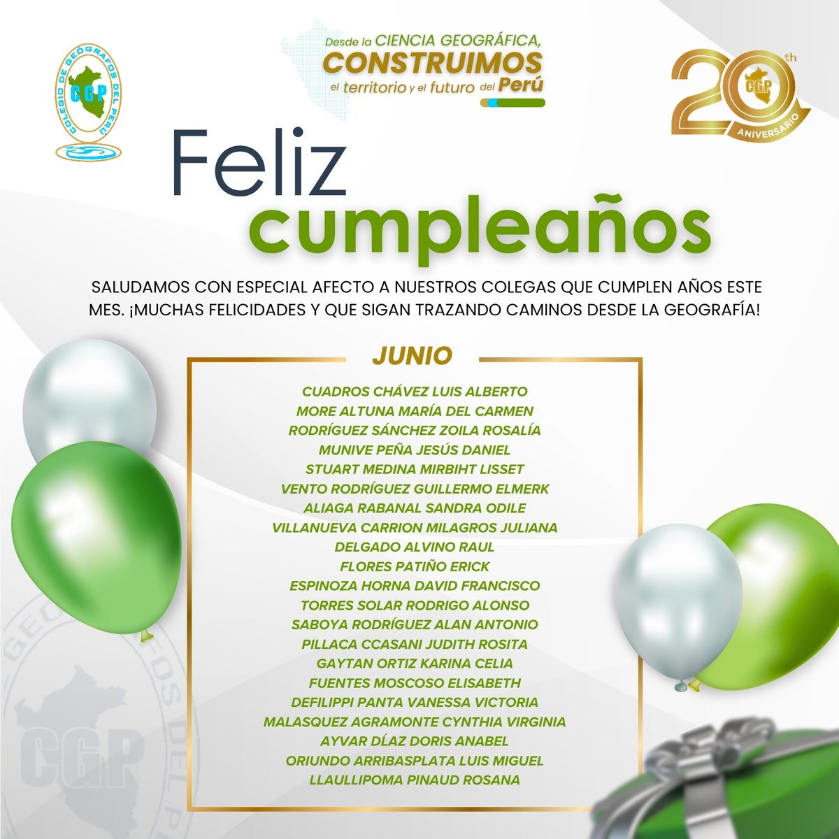 cgp_pe's tweet photo. 🎉🌎El CGP expresa su más cordial y fraterno saludo a nuestros colegiados y colegiadas que estuvieron de cumpleaños.
✨ Que este nuevo año de vida les traiga salud, felicidad, prosperidad y muchos éxitos en el ámbito personal y profesional. https://t.co/tRPWBFGtfH