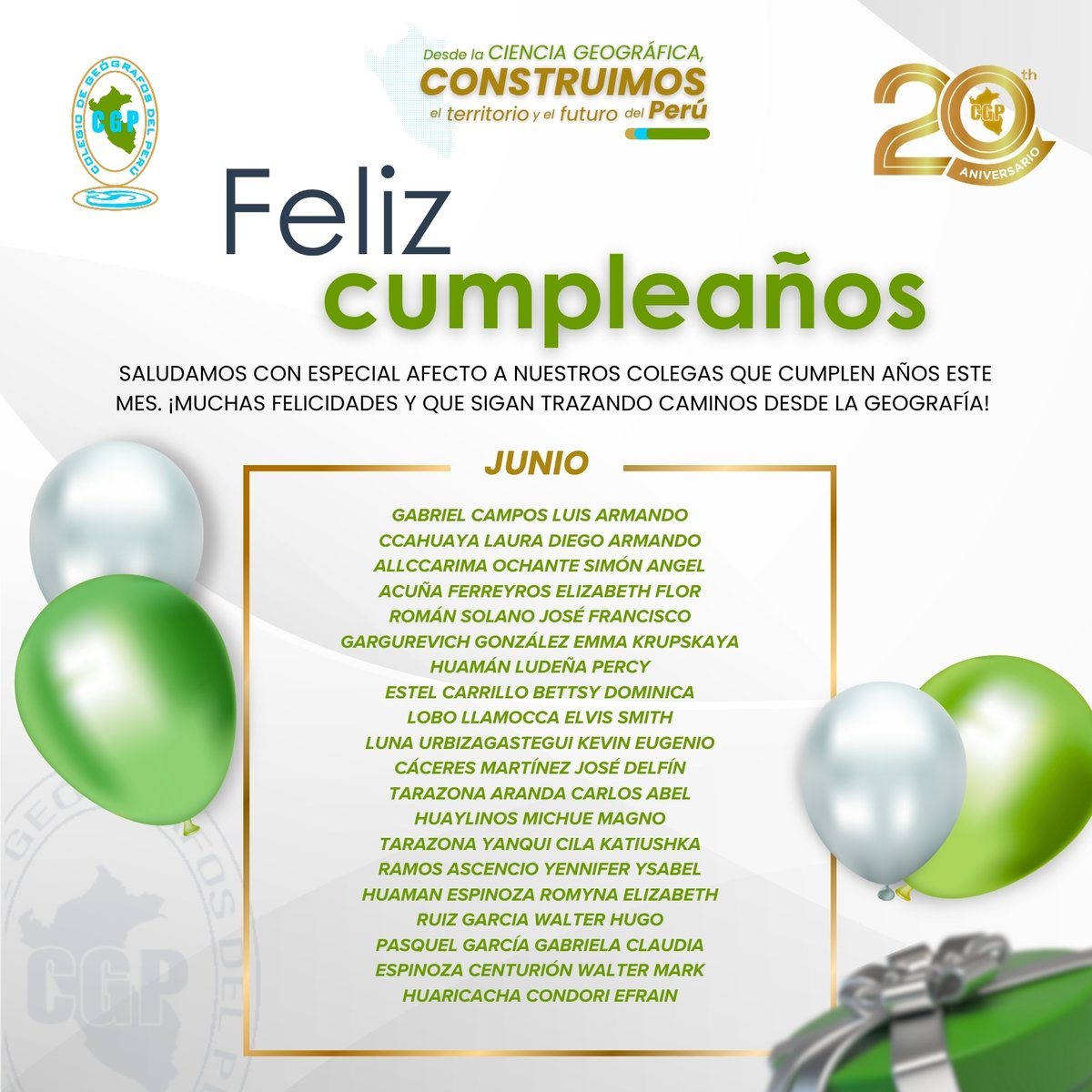 cgp_pe's tweet photo. 🎉🌎El CGP expresa su más cordial y fraterno saludo a nuestros colegiados y colegiadas que estuvieron de cumpleaños.
✨ Que este nuevo año de vida les traiga salud, felicidad, prosperidad y muchos éxitos en el ámbito personal y profesional. https://t.co/tRPWBFGtfH