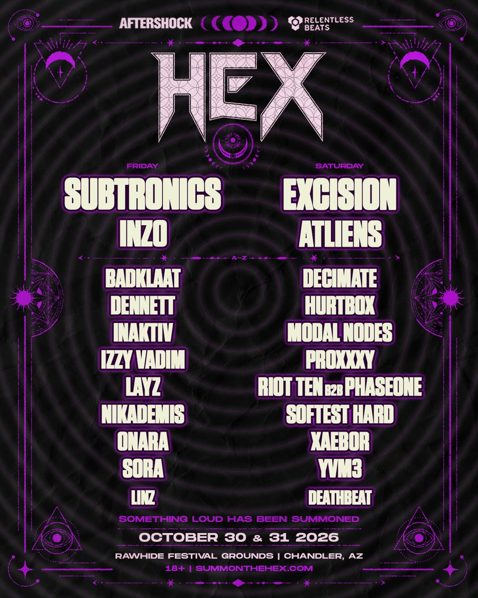 HEXFestAZ's tweet photo. The circle has spoken 🔮 Single-day lineups are officially here. Choose your ritual for October 30 or 31 at HEX

Single-day tickets on sale tomorrow @ 10AM PT → https://t.co/wu1eIXNLzY 🎟️ https://t.co/qm75zVn3X9