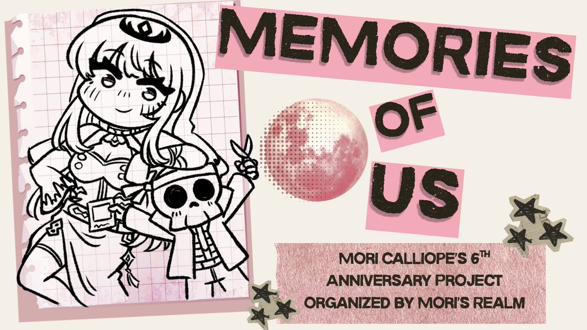 Moris_Realm's tweet photo. Mori Calliope's 6th Anniversary is coming up fast, and we're dusting off our bones to make a scrapbook!

To participate: swing by our server for guidelines and help, then fill out the form: https://t.co/SMugsyrGq7

You have until August 1st to submit! That's one month away! https://t.co/EwoI4PfLmB