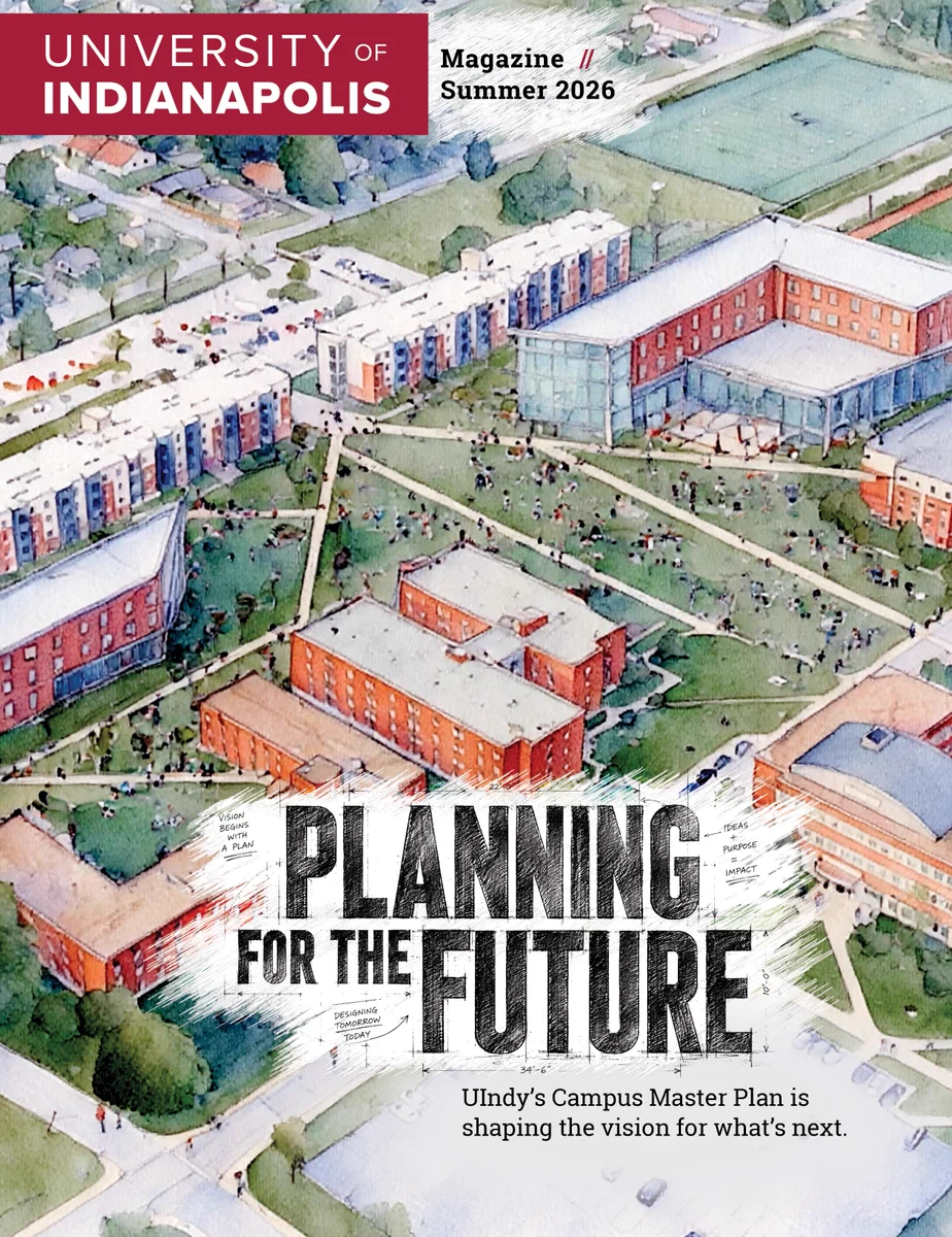 Conceptual sketches of the University of Indianapolis campus. Black text over a white shadow at the bottom reads, "Planning for the Future: UIndy's Campus Master Plan is shaping the vision for what's next."