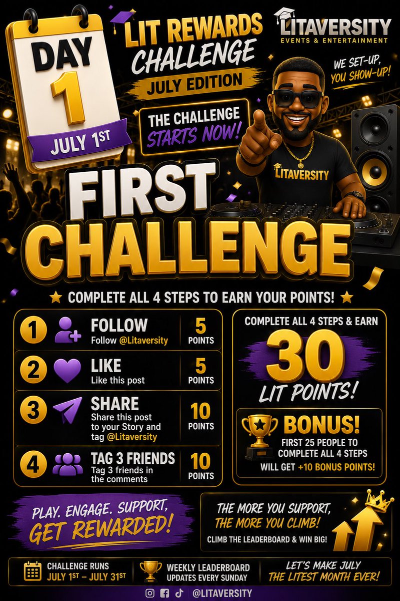 LitAVersity's tweet photo. 🚨 BONUS ALERT 🚨
The FIRST 25 people to complete today’s Day 1 Challenge earn +10 Bonus Lit Points!
Finish the challenge before the bonus is gone ⏳
Who’s taking the early lead? 👀🏆
#LitRewards #Litaversity #WeSetUpYouShowUp #NOLA #Challenge #Giveaway https://t.co/bDx6KPgGwO