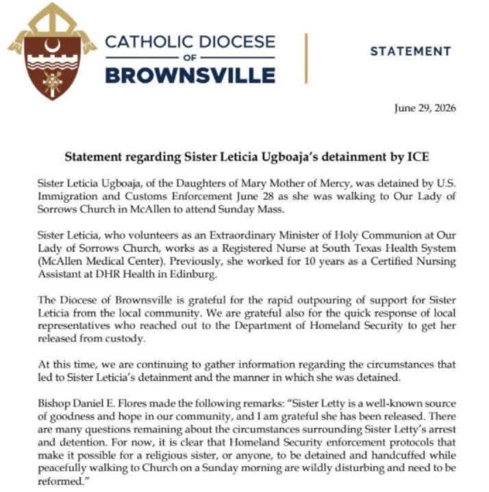 RichRaho's tweet photo. In wake of Sister Letty’s detainment and confiscation of her rosary, Brownsville’s Bishop Flores speaks out: “protocols that make it possible for a religious sister, or anyone, to be detained and handcuffed while peacefully walking to Church on a Sunday morning are wildly disturbing.”