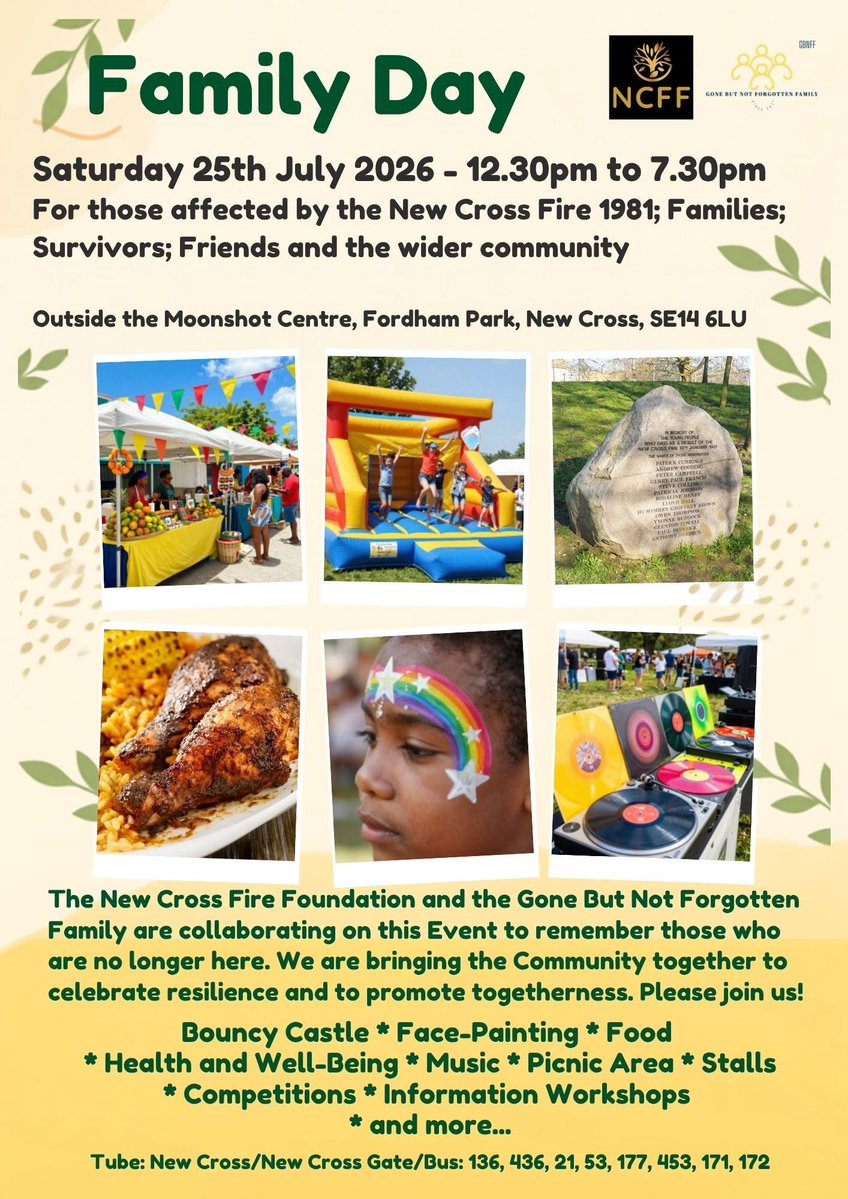 AskProfGusJohn's tweet photo. Please share and support #NCFF #FamilyDay
Family Day - The #NewCross Fire Foundation
Saturday 25 July 2026
12.30pm - 7.30pm
Outside the Moonshot Centre, Fordham Park,
New Cross
London SE14 6LU https://t.co/ucUoDvAj8T