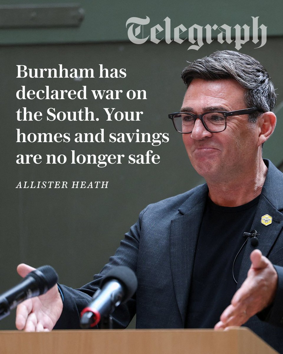 Telegraph's tweet photo. 'Andy Burnham is not so much King of the North as Slayer of the South. His government will fail, but not before inflicting immense damage on London and the Home Counties'

Read the comment in full by @AllisterHeath 👇
https://t.co/K79FbA6IbQ https://t.co/NJK3xONwTU
