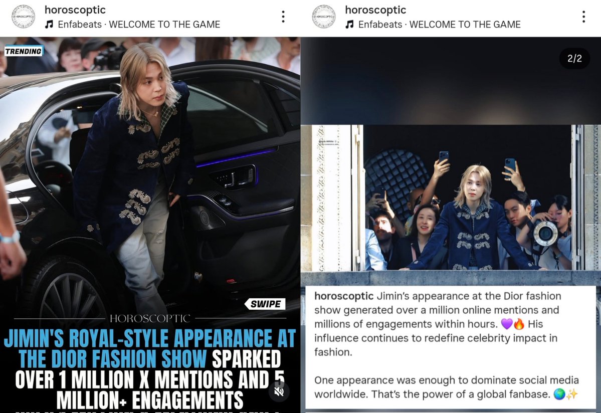 JIMIN_RECORD13's tweet photo. Horoscoptic Instagram ✔️
<JIMIN'S ROYAL-STYLE APPEARANCE AT THE DIOR FASHION SHOW SPARKED OVER 1 MILLON X MENTIONS AND 5 MILLION+ ENGAGEMENTS>

"Jimin's appearance at the Dior fashion show generated over a million online mentions and millions of engagements within hours. His influence continues to redefine celebrity impact in fashion.
One appearance was enough to dominate social media worldwide. That's the power of a qlobal fanbase."

#JiminxDior #JIMIN #지민