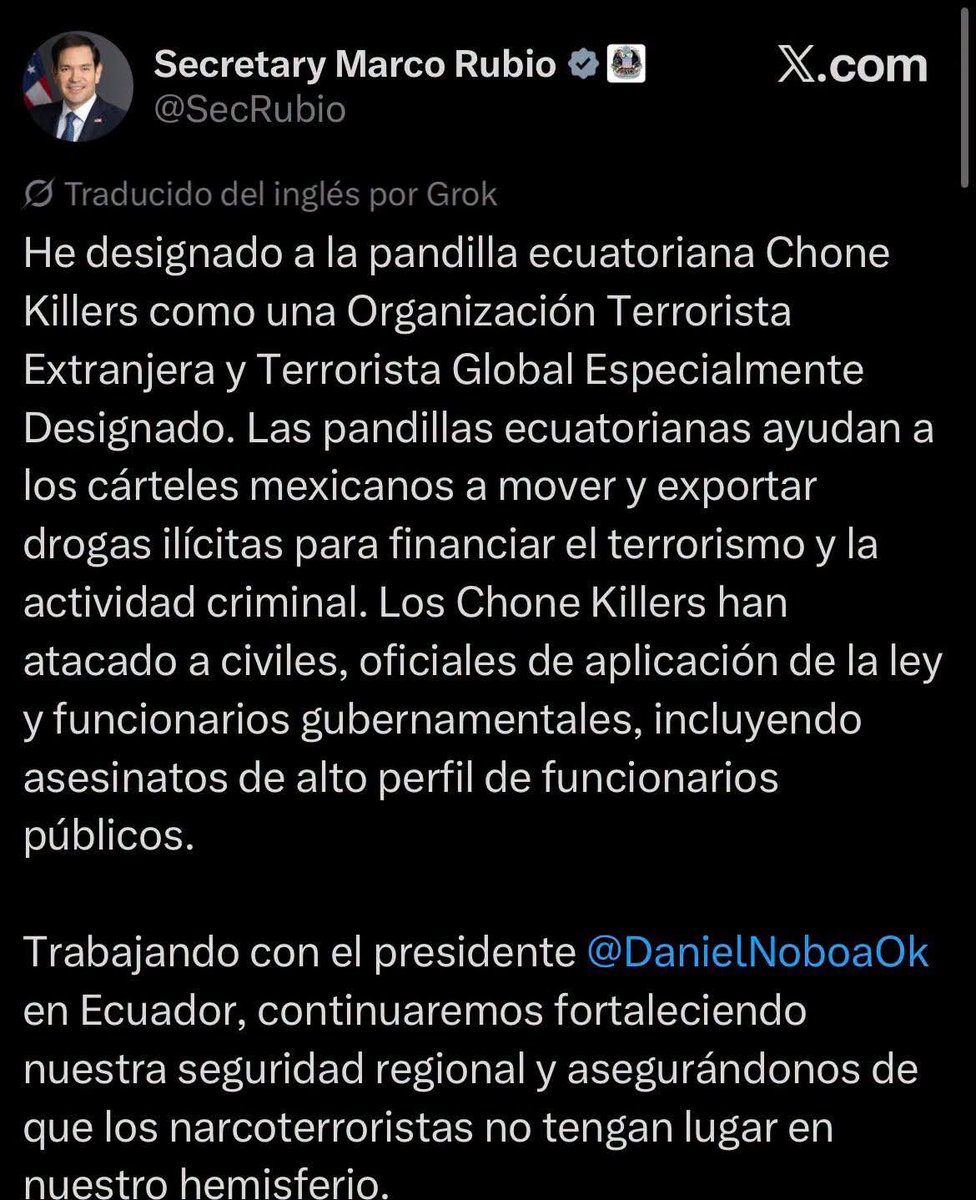LaCamachoEc's tweet photo. #EEUU #MarcoRubio, designo a organización criminal ecuatoriana #ChoneKillers como Terrorista Extranjera y Terrorista Global.
Afirmó q el grupo colabora con cárteles mexicanos para tráfico de drogas. Continua cooperación con el Gobierno de @DanielNoboaOk en materia de seguridad https://t.co/7TDRUt2rJY